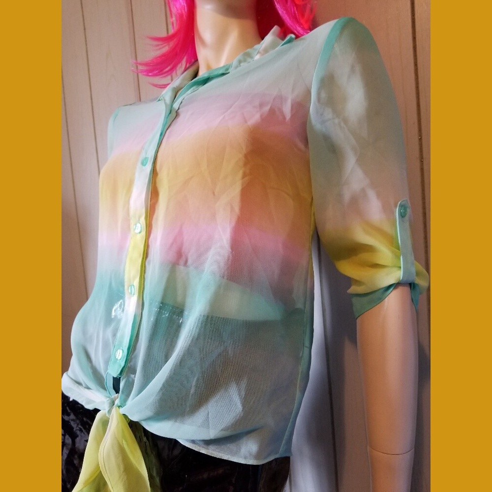 ๐A. BYER Sheer Pastel Rainbow Tie Front Button down Top - Picture 2 of 7